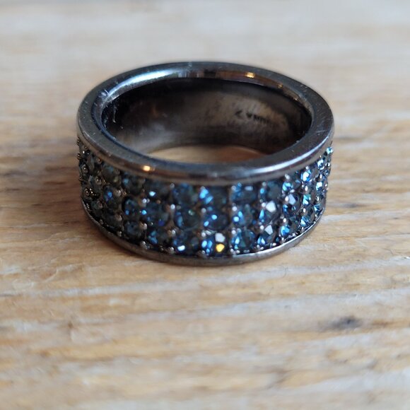 Coach Vintage Pave Black Blue Swarovski Mini Crystals Band Ring 7 - Picture 1 of 5